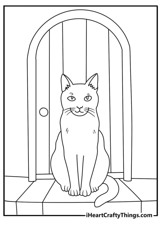 A simple spooky coloring sheet shows a black cat on the porch