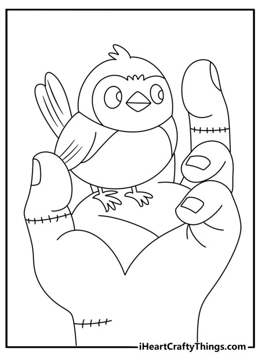 A small bird rests on the monster hand in this gentle coloring printable