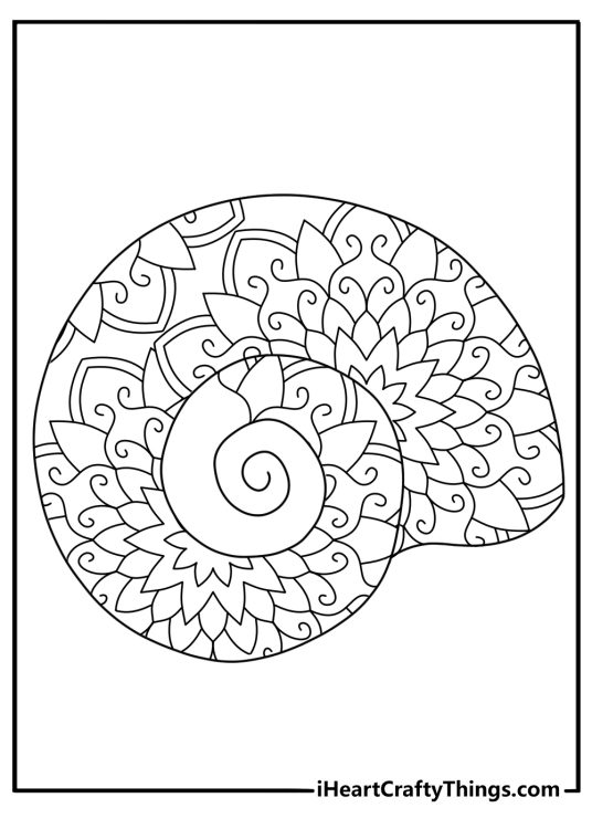 A spiral shell design fills this easy mandala coloring sheet
