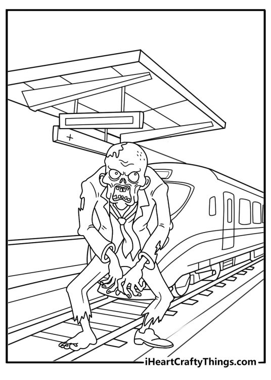 A subway platform with one wandering zombie fills this detailed printable