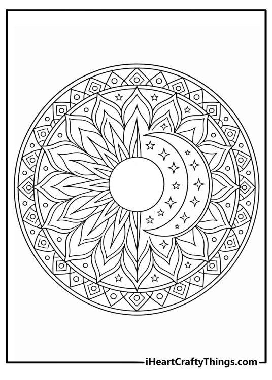 A sun and moon pattern forms this celestial mandala coloring page
