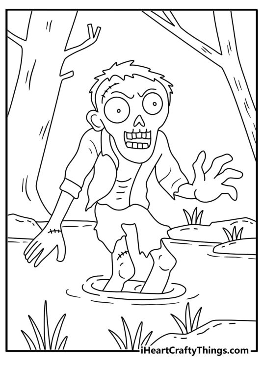 A swamp zombie walks through reeds in this Halloween coloring page