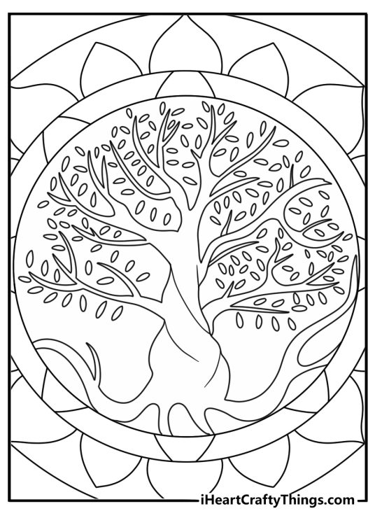 A tree of life fills this detailed printable mandala design