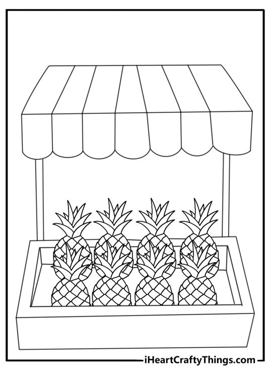 A tropical fruit stand fills this simple coloring page