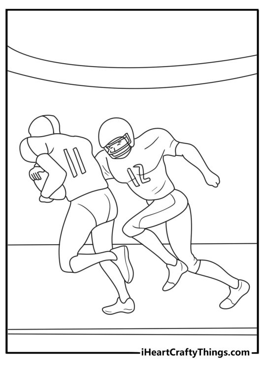 A wide receiver runs a route past a defender in this detailed coloring sheet