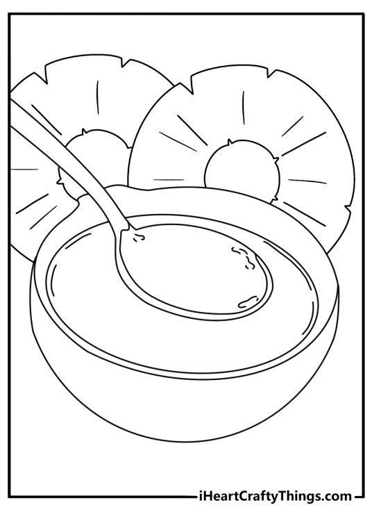 A wooden spoon and pineapple sauce bowl complete this free coloring page
