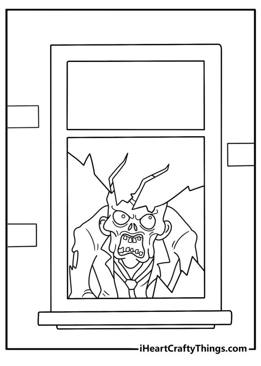 A zombie looks through a cracked shop window in this easy coloring printable