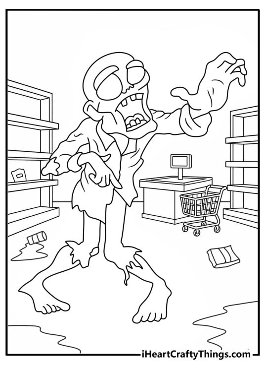 A zombie wanders through an abandoned supermarket in this easy coloring sheet