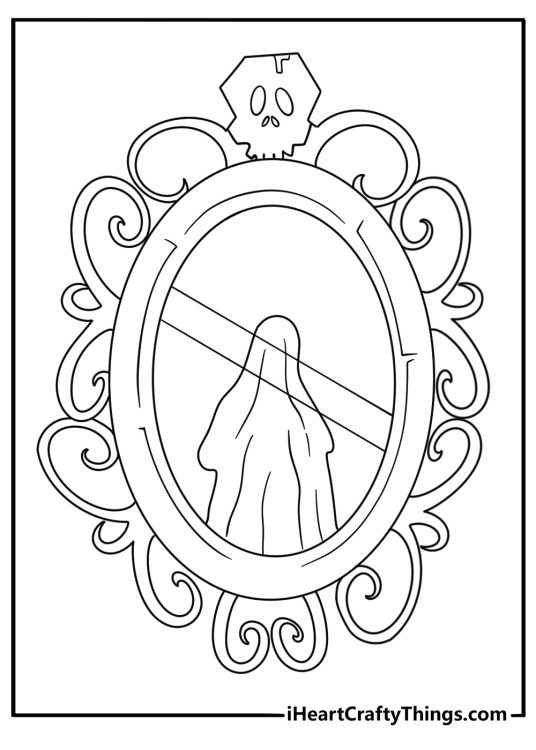 An eerie mirror with a shadowy reflection fills this detailed coloring sheet