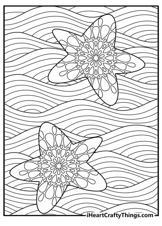 An ocean mandala with waves and starfish makes a relaxing coloring page