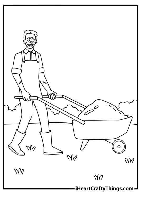 An undead gardener pushes a wheelbarrow in this fun zombie coloring page