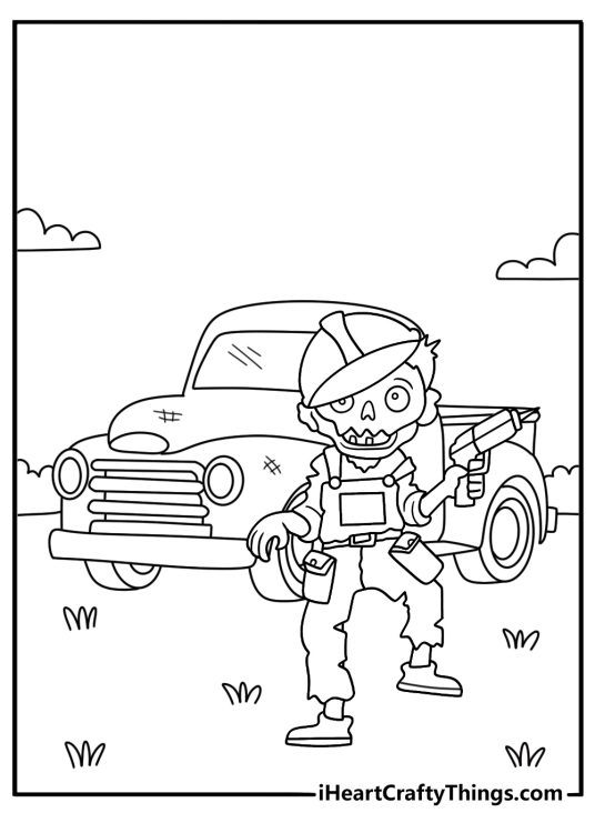 An undead mechanic stands beside an old truck in this free coloring page