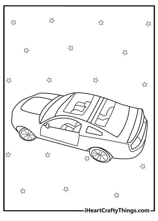 Car themed coloring picture for kids featuring Ford Mustang with no roof surrounded by stars
