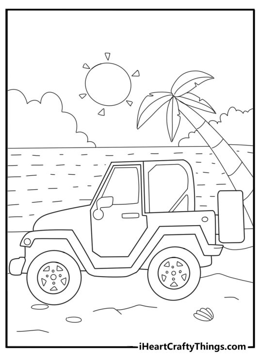 Car themed coloring picture for kids featuring sturdy Jeep at the beach on a sunny day