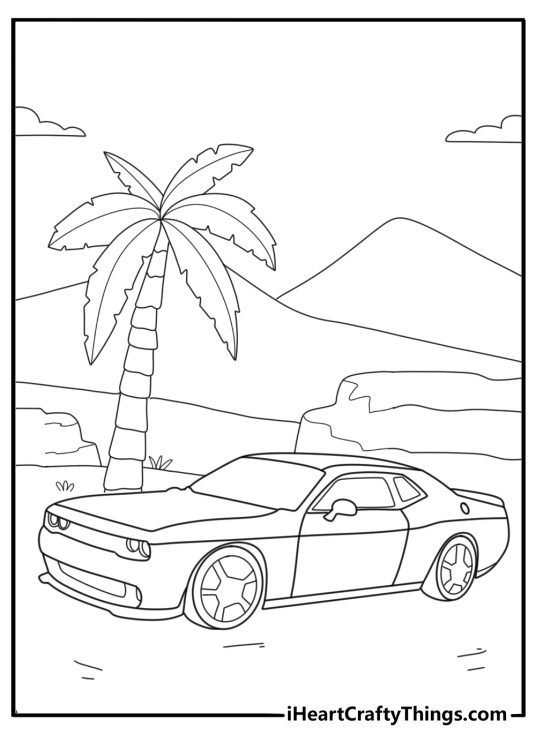 Car themed printable presenting Dodge Challenger with palm trees and mountains in the background
