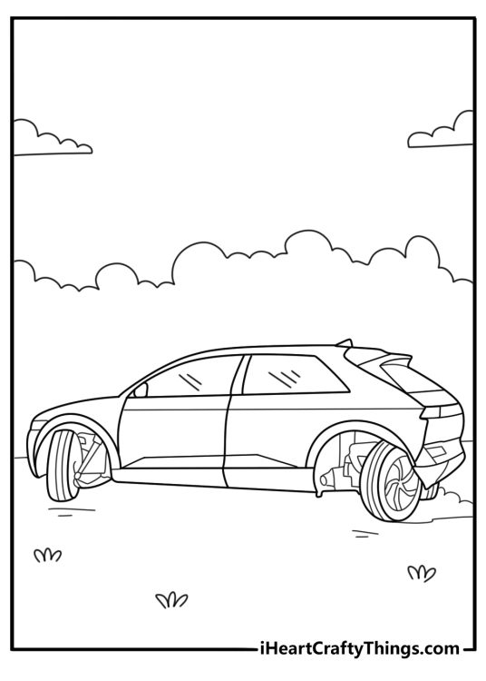 Coloring image of a car with its wheels spinning and twisting in all different directions
