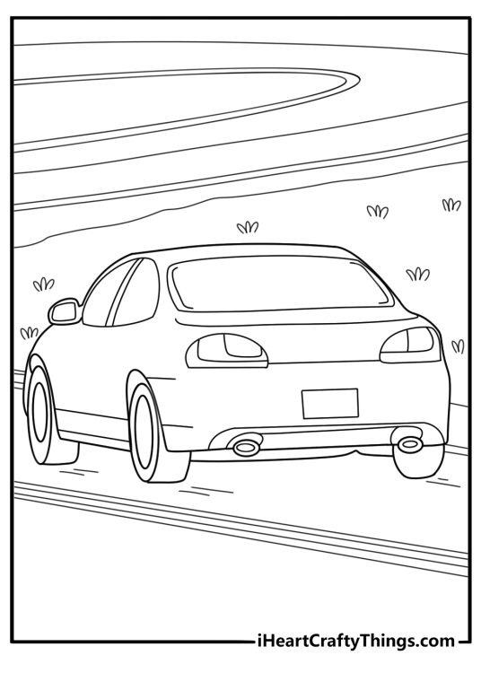 Coloring image presenting a car maneuvering along a winding road at great speed