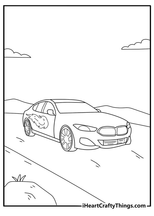 Coloring picture featuring a low car with a spoiler and flames painted on the back end