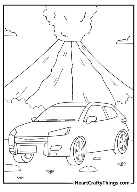Coloring picture for children presenting a car parked in front of a huge volcano