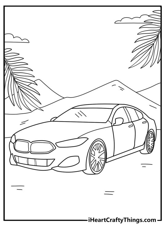 Coloring picture for kids featuring BMW car drawn in a simple way with palm leaves all around it