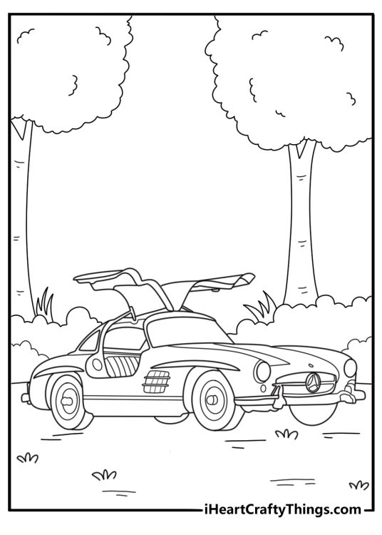 Coloring poster featuring impressive car with gull wing doors in front of a forest of trees