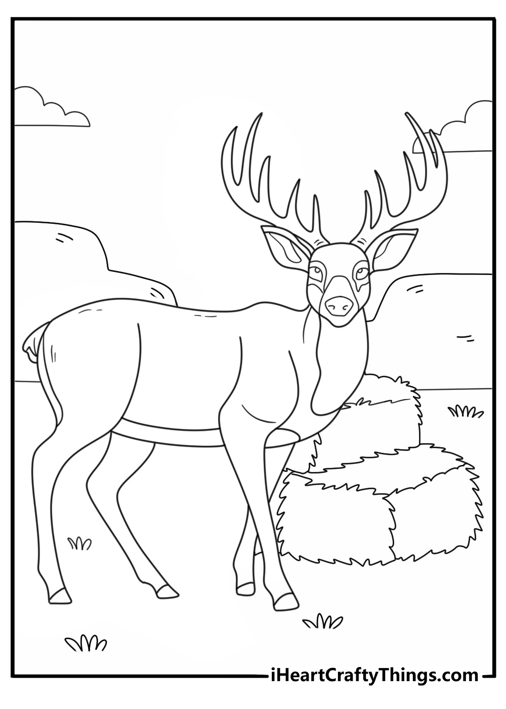 Deer coloring page for kids with a buck near a hay bale