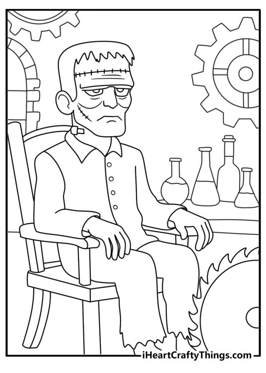 Detailed Frankenstein coloring page for adults with gears around a laboratory chair
