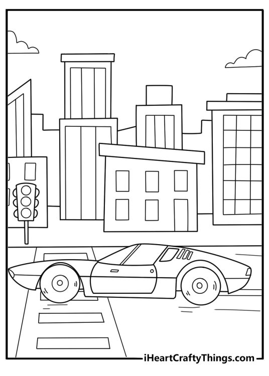 Detailed coloring image for adults featuring car speeding away from the big sky rise buildings