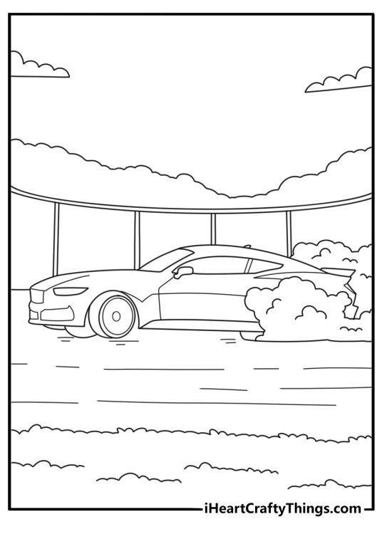 Detailed coloring image of a Mustang car moving at high speed with tufts of clouds billowing behind