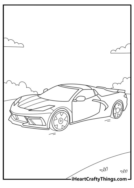 Detailed coloring picture featuring a Corvette car which is sitting low to the ground