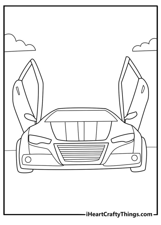 Detailed coloring printable presenting a two doors sports car with black windows