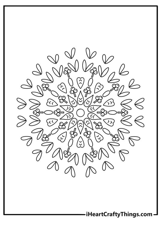Detailed mandala printable showing leaves and berries in balanced rings
