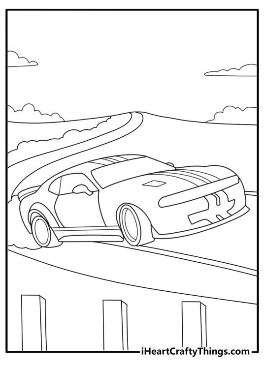 Detailed printable coloring image featuring a sports car driving past some wall
