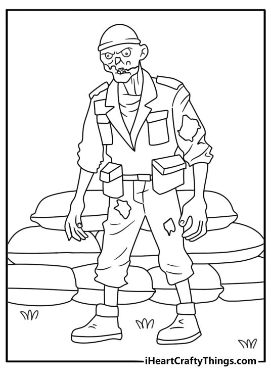 Detailed zombie coloring page for adults featuring an undead soldier near sandbags