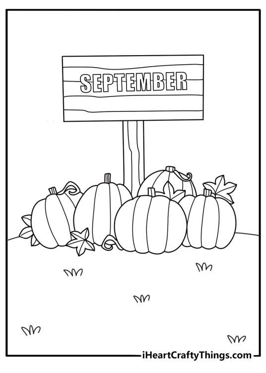 Easy autumn coloring sheet with a pumpkin patch and wooden sign