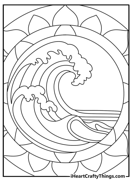 Easy mandala coloring sheet with waves flowing around a round center