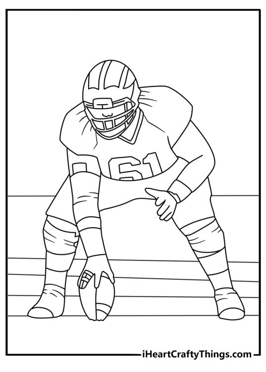 Football coloring page showing a center snapping the ball to the quarterback