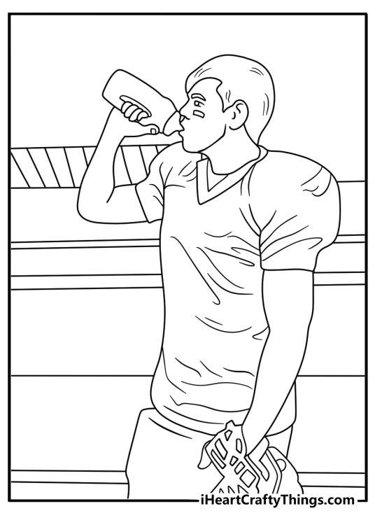 Football coloring pages scene featuring a player drinking from a water bottle on the sideline