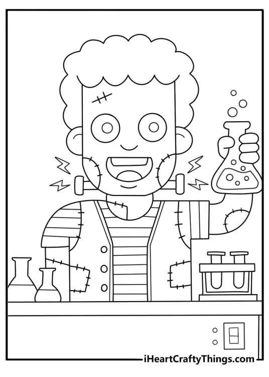 Frankenstein coloring page showing the monster beside a laboratory table