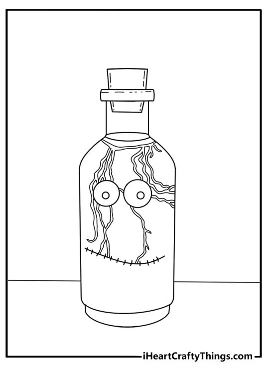 Frankenstein coloring pages scene featuring bubbling bottles and electric coils