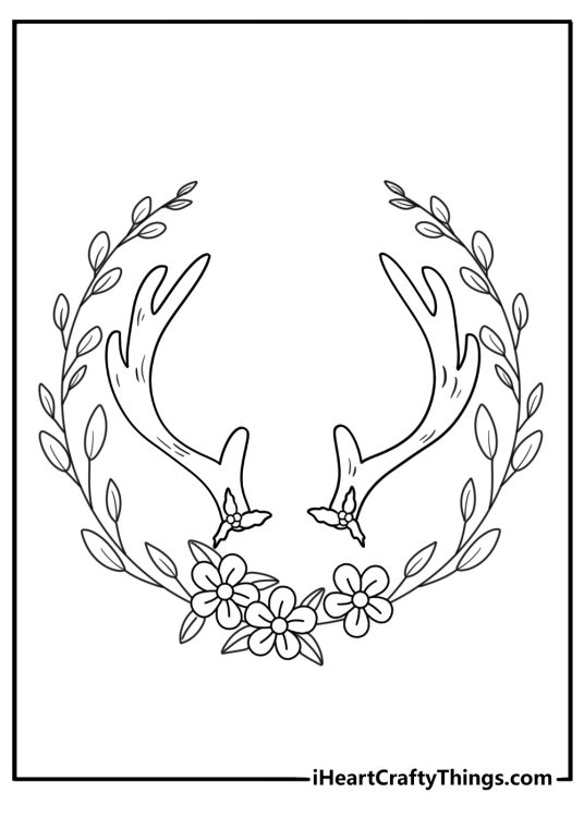 Free Deer coloring pages coloring page featuring antlers inside a wreath