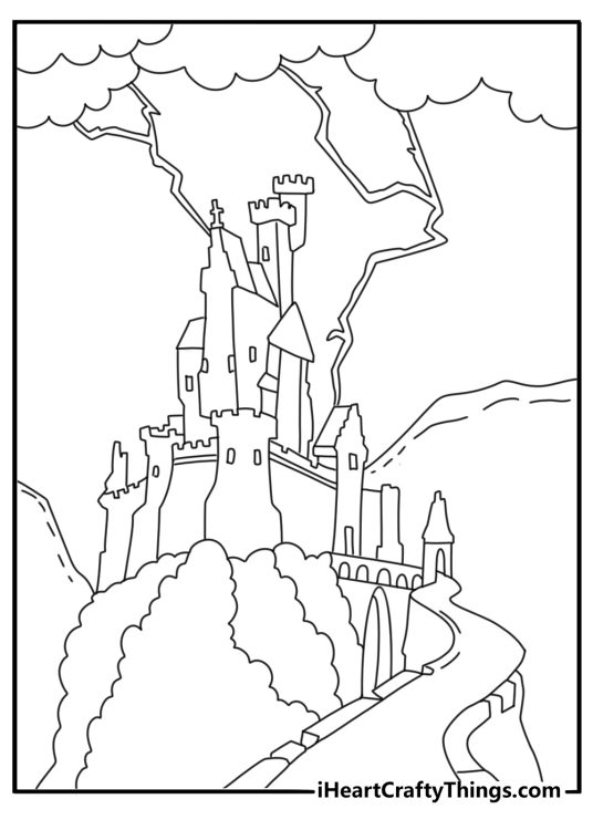 Free Frankenstein printable showing a stone castle under storm clouds