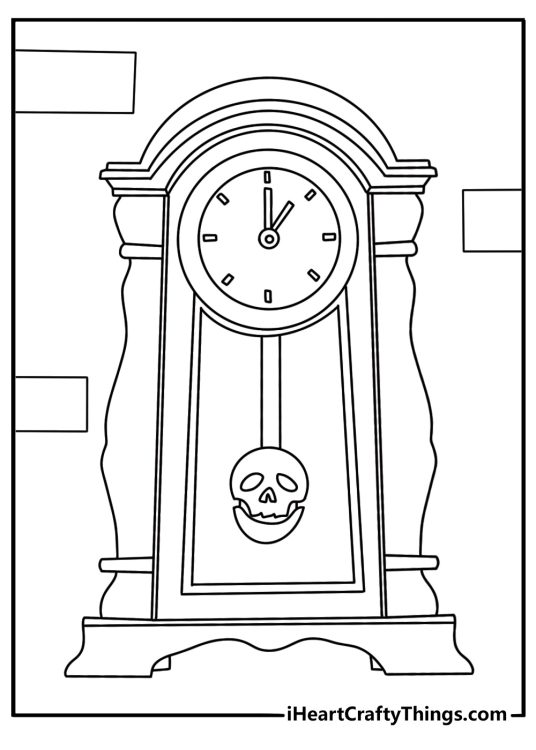 Free Halloween coloring page showing a spooky clock striking midnight