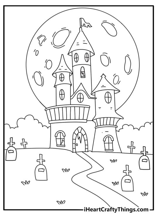 Free Halloween printable featuring a graveyard beside an old mansion