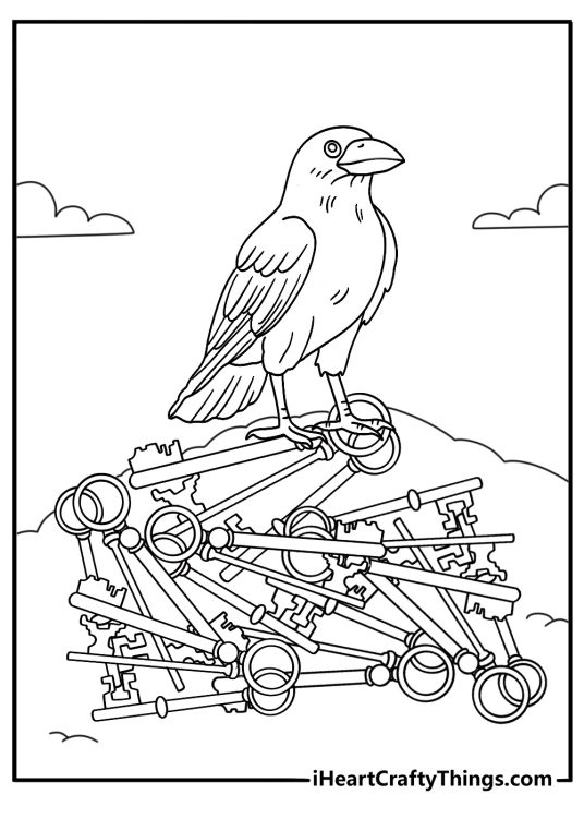 Free Halloween printable showing a raven beside a pile of old keys