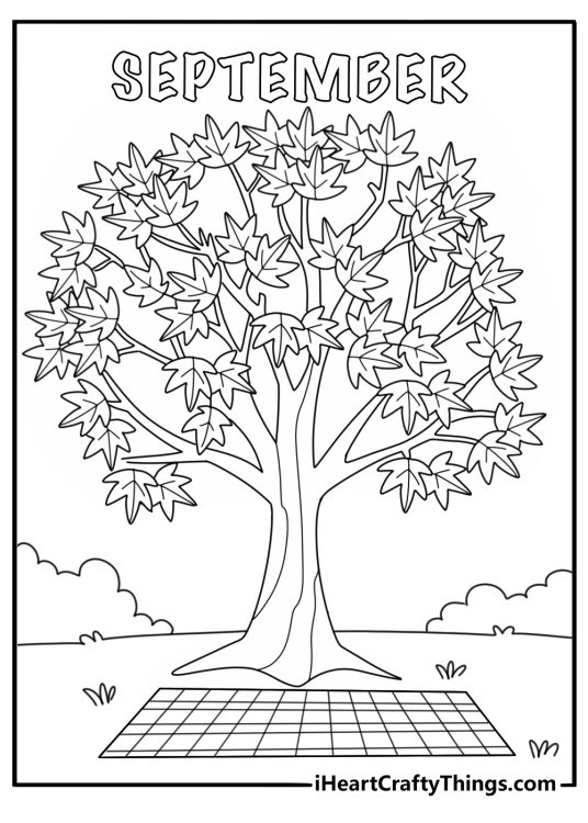 Free September coloring pages coloring page featuring a picnic blanket under maple trees
