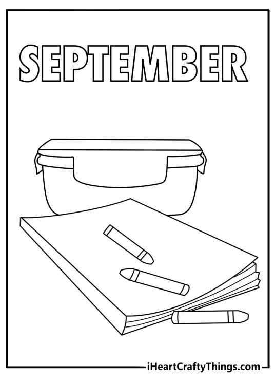 Free September printable featuring a lunch box crayons and notebook