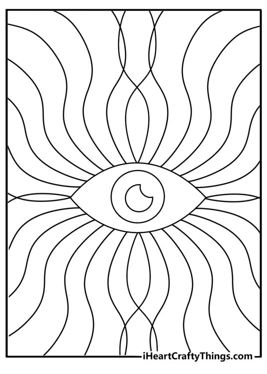 Free coloring page featuring an eye design surrounded by curved rays
