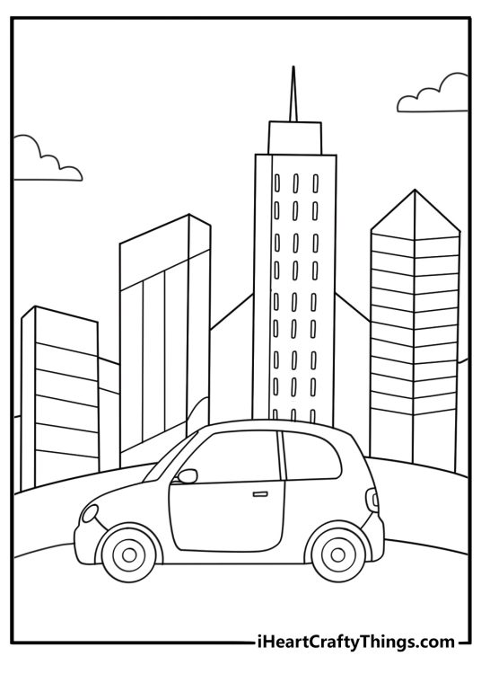 Free coloring page for children presenting sleek and simple little car driving through the city