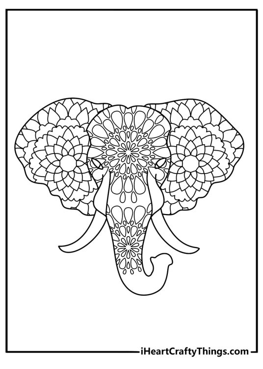 Free coloring sheet featuring an elephant head with decorative lines